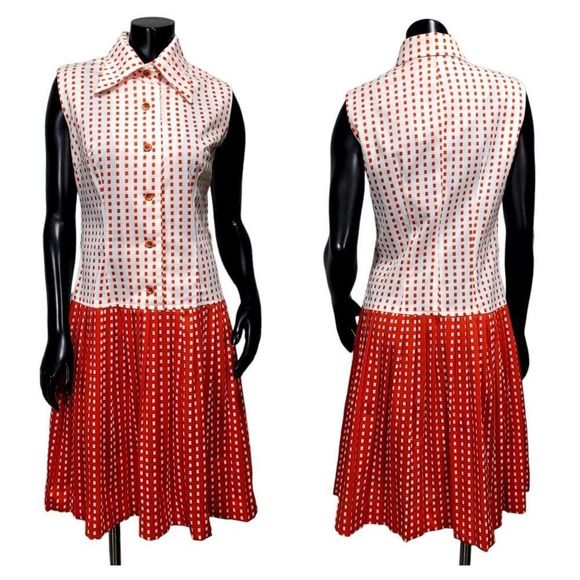 Vintage 60s 70s Mod Orange White Polyester Square Pattern Pleated Shirt Dress - Picture 1 of 8